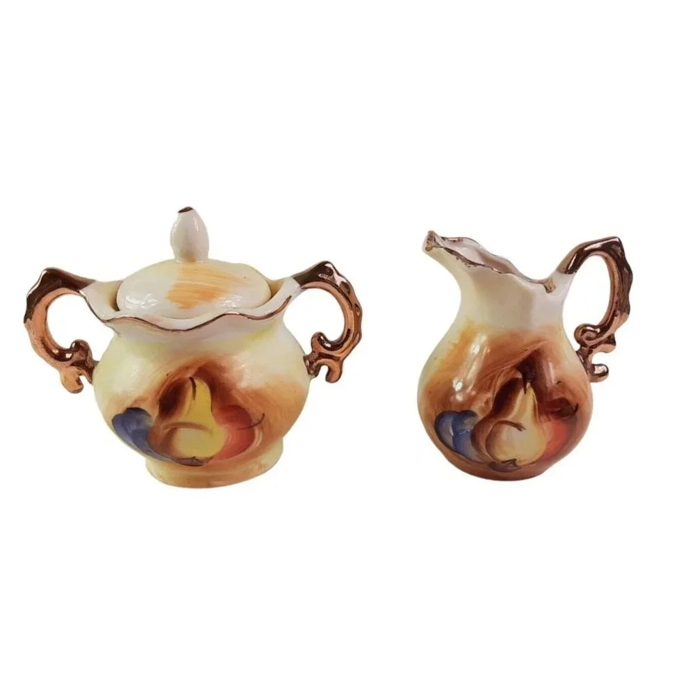 Vintage Enesco Porcelain Creamer and Sugar Bowl Set Hand Painted Fruit Design/GC